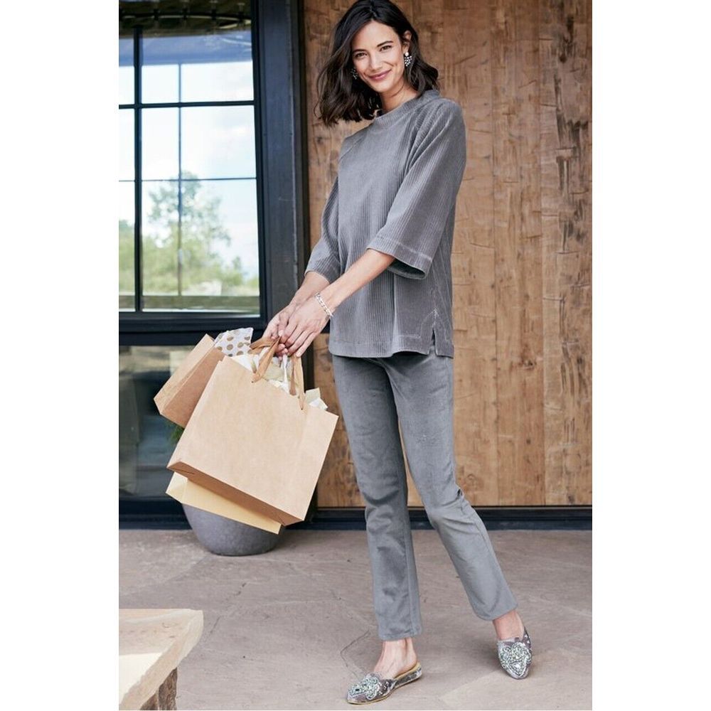 Soft Surroundings Velvet Pants Women 12 Grey Straight Leg High Rise Stretch Luxe